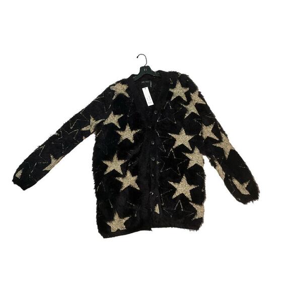 Stella + Lorenzo Jacquard Cardigan Sweater Women's L Black Long Sleeve Faux Fur - Picture 3 of 7